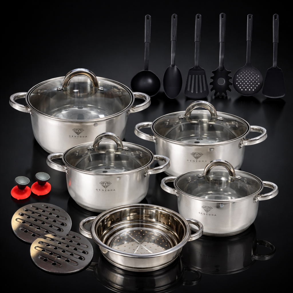 Imagem Jogo de Panelas 19 Peças Aço Inox Original Genebra + Acessórios com Fundo 9 Camadas Indução e Gás