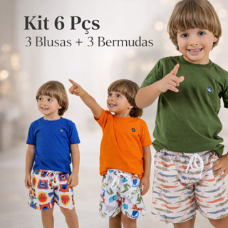 Conjunto Infantil Menino Kit 6 Pçs 3 Camisetas + 3 Shorts Estampas Divertidas em Oferta na Shopee