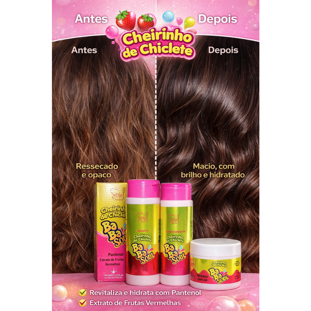 Kit Cheirinho de Chiclete BoBo Soul – Shampoo, Condicionador e Máscara | Hidratação, Brilho e Perfume Doce
