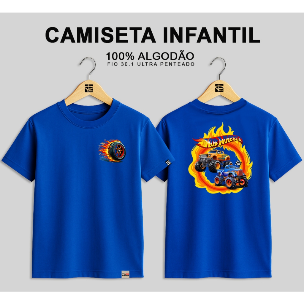 Camiseta infantil 100% Algodão Fio 30.1 Ultra Penteado Super Macio Carro Hot Blusa Criança