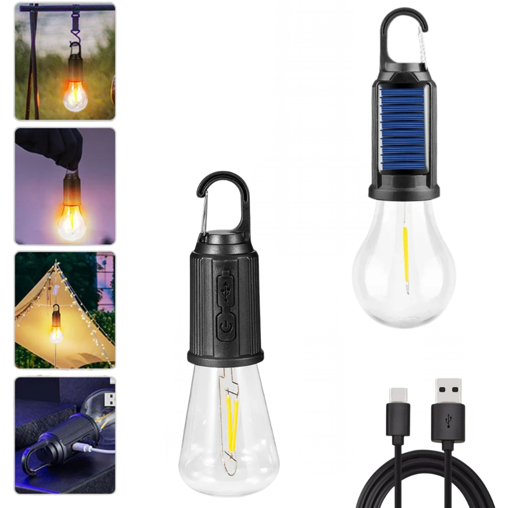 Imagem Lampada de Camping Solar 15W Recarregável Portátil LED Gancho A prova D'água Luz Emergência