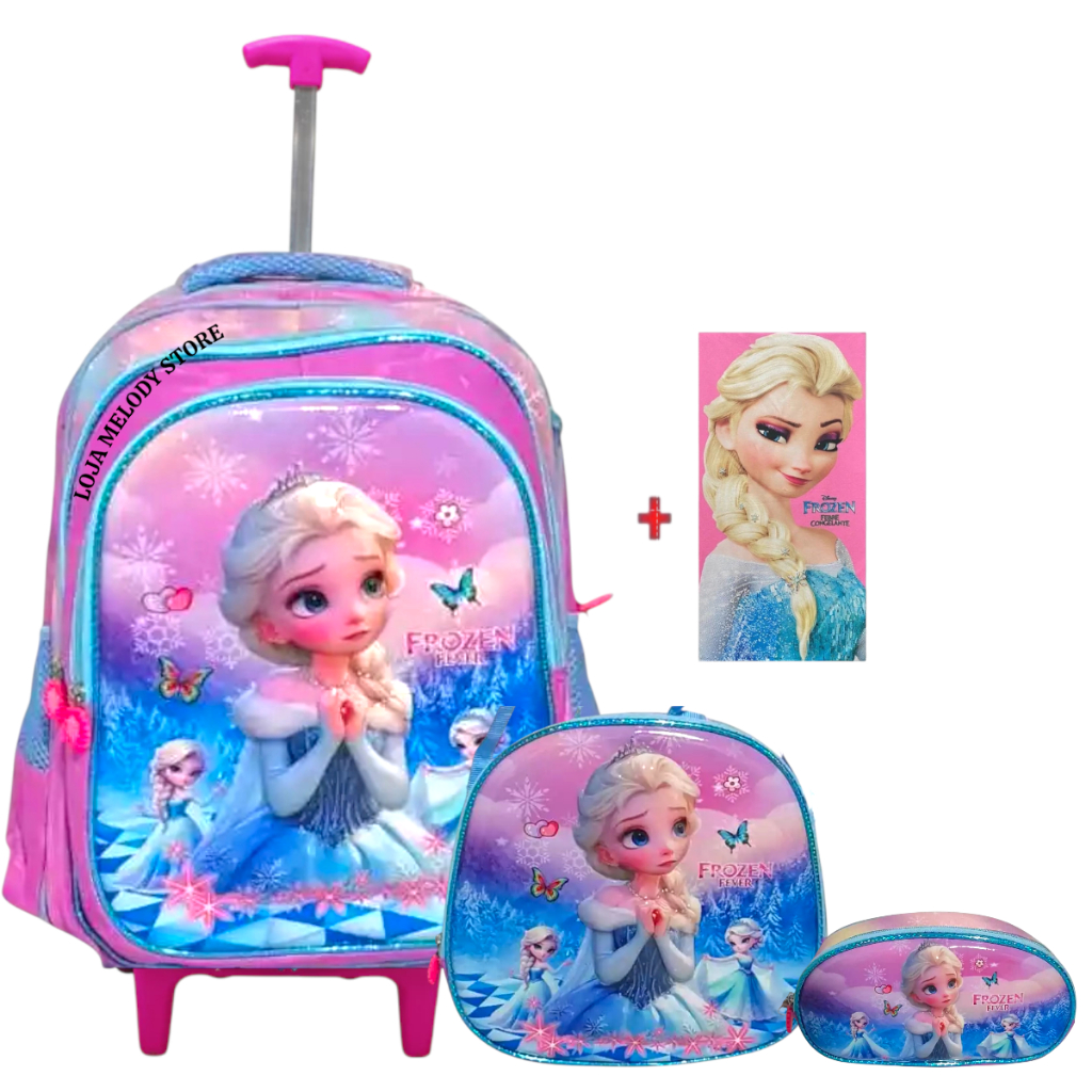 ❄️🎒 KIT  MOCHILA CON RODINHA ESCOLAR  FROZEN 3D + TOALHA 💙✨ em Oferta na Shopee