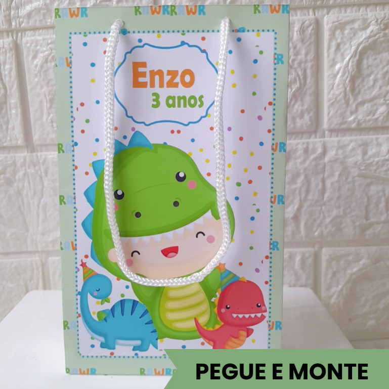 Sacolinha Personalizada  Pegue e Monte Dino Baby   Sacola Surpresa Lembrancinha Festa Infantil Dinossauro