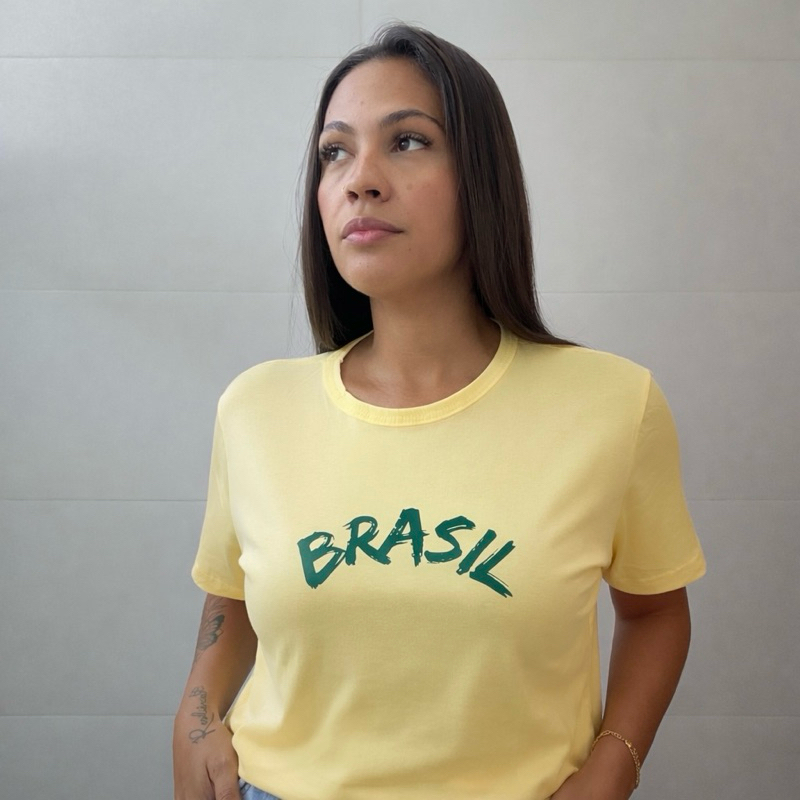 T-shirt Camiseta Brasil Roupa Feminina Estampada Camisa Copa do Mundo Com gola redonda Neymar Futebol Algodão Fio 30.1