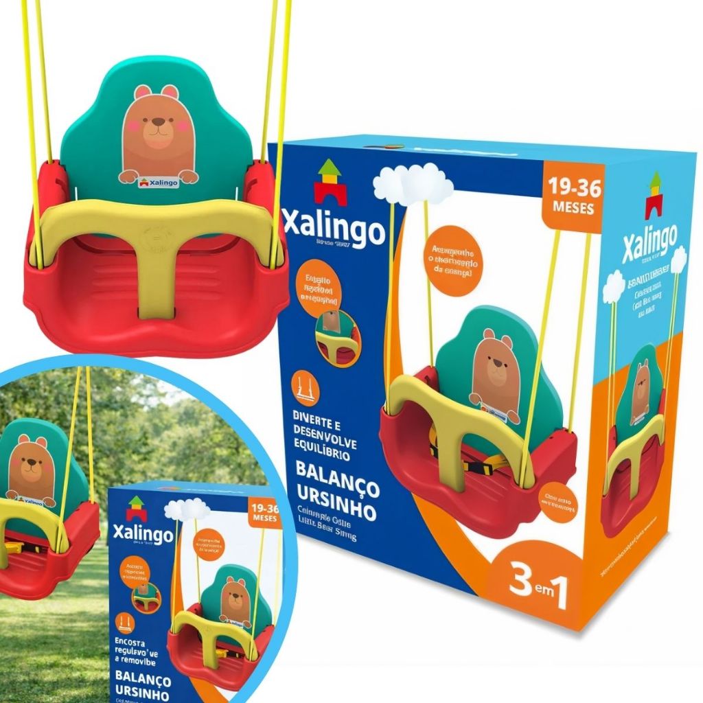 Balanço Infantil Urso Ursinho Encosto Com Cinto Criança Presente Aniversário Colorido - Xalingo