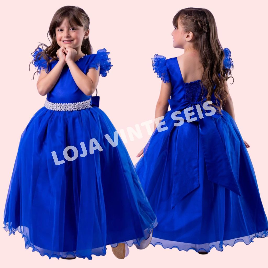 Vestido Infantil Azul Royal Longo Daminha Formatura Casamento Aniversário Festa Luxo 4 ao 18 anos