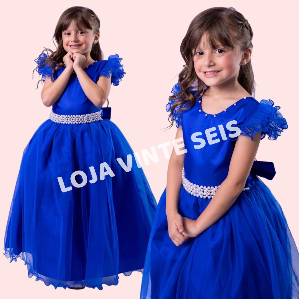 Vestido Azul Royal Longo Infantil Daminha Formatura Casamento Festa Aniversário Luxo 4  ao 18 anos