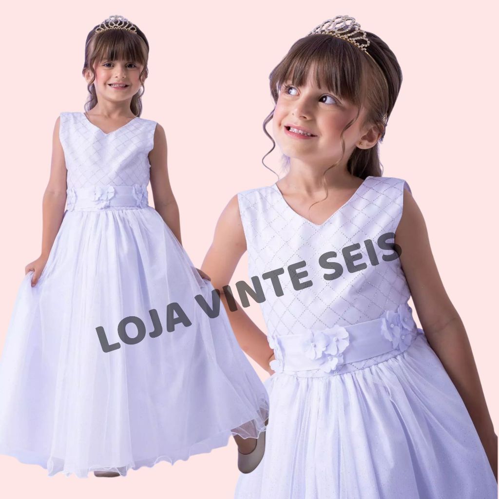 Vestido Branco Longo Infantil Formatura Festa Casamento Noivinha Batizado Aniversário Luxo 4 ao 14 anos