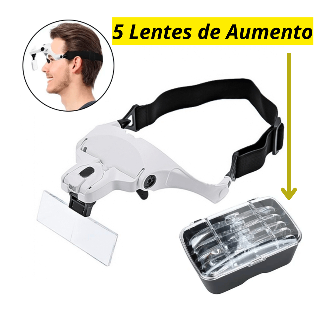 Lupa De Cabeça Tipo Óculos Com LED 5 Lentes Aumento Profissional Estética Eletrônica Odonto