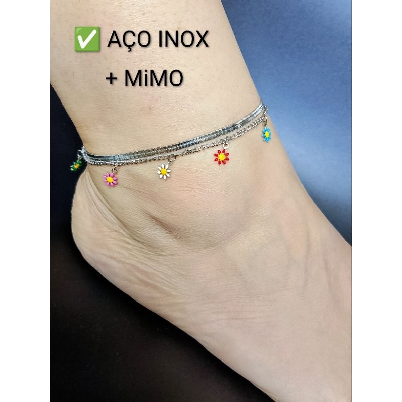 Tornozeleira dupla de AÇO INOX Antialérgica + MIMO (Florzinha Colorida)