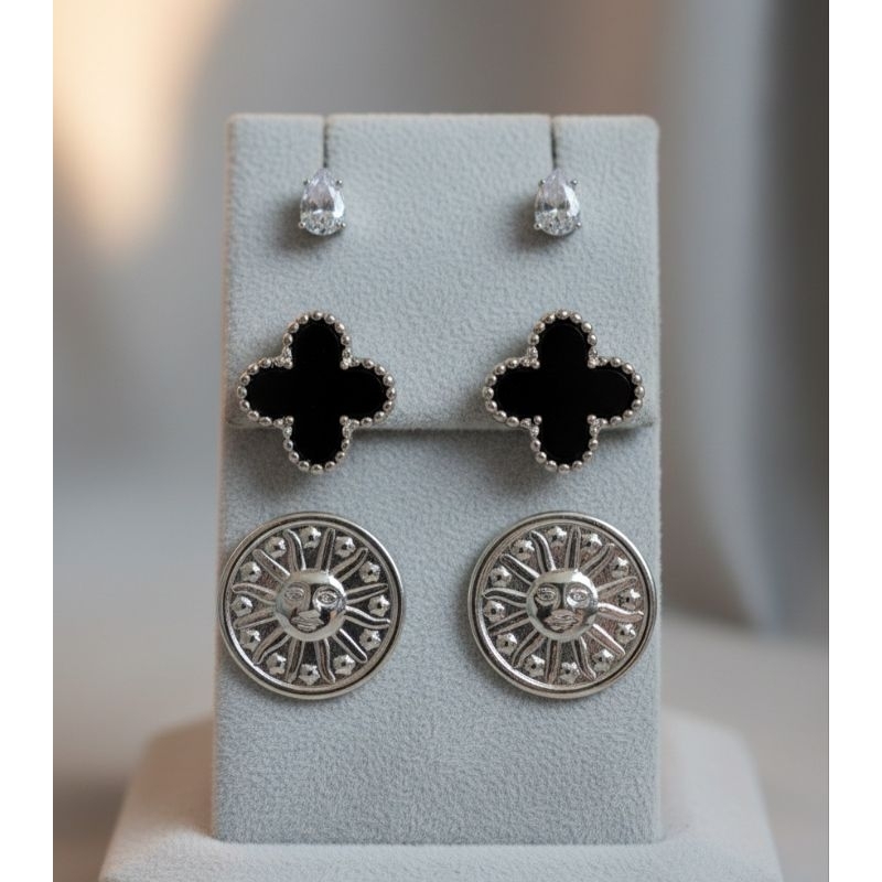 Kit Trio Brinco Feminino Folheado Ouro Trevo Sol Mandala Gota Pérola Dourado Preto Presente