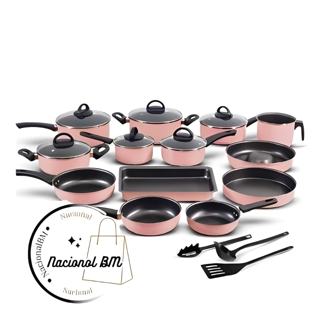 Conjunto Panelas 16 Peças Rosa Teflon Antiaderente Tampa De Vidro Marpal