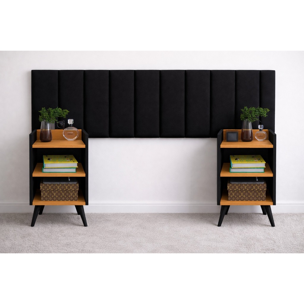 Conjunto Quarto: 2 Mesas de Cabeceira Com Prateleira e Cabeceira de Módulo Adesivo para Cama Box