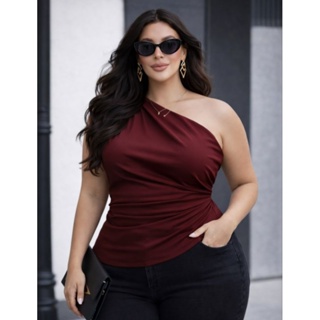 Blusa Manga Mule um ombro Plus Size Tecido Canelado em Oferta na Shopee