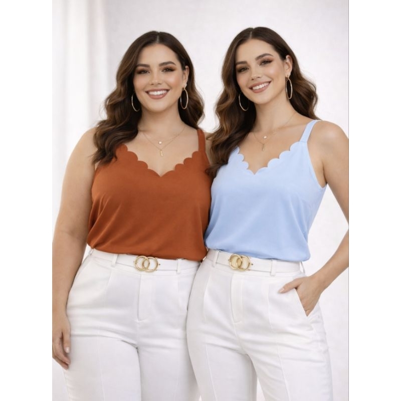 Kit 2 Regatas Feminina Social Alcinha Decote Scallop Crepinho Elegante Plus Size Trabalho Escritório Rose M G GG G1 G2