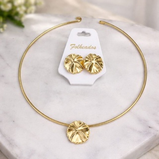 Colar Choker + Brinco Conjunto folheado Dourado. em Oferta na Shopee