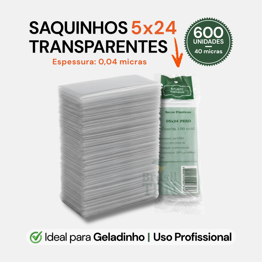 Saco Saquinho Transparente PEBD Geladinho 5x24cm Gelinho Sacolé Chup Chup 600 Unid