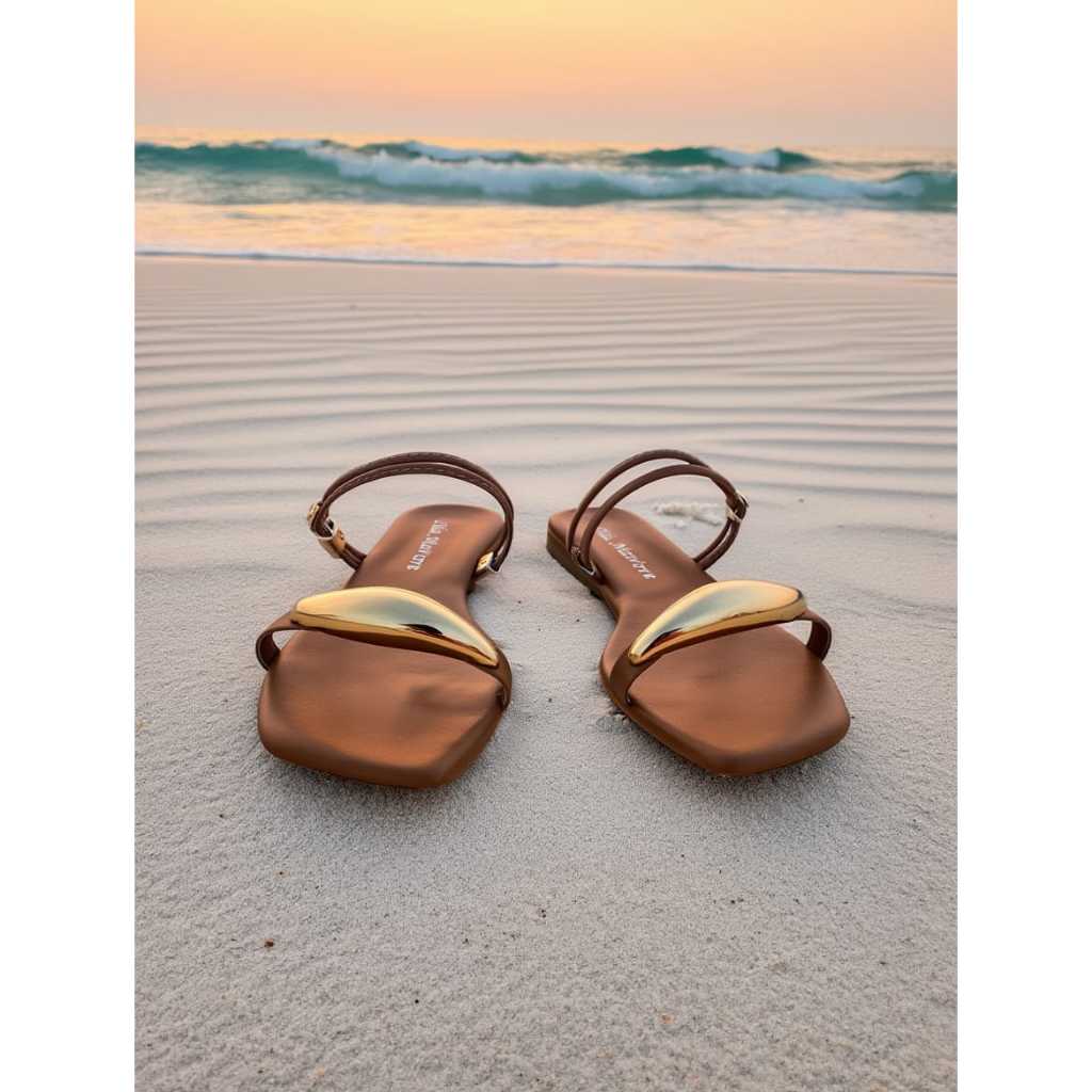 Chinelo Rasteirinha Feminina Caramelo Com Aplique Dourado Tiras Reguláveis Leve Confortável e Elegante