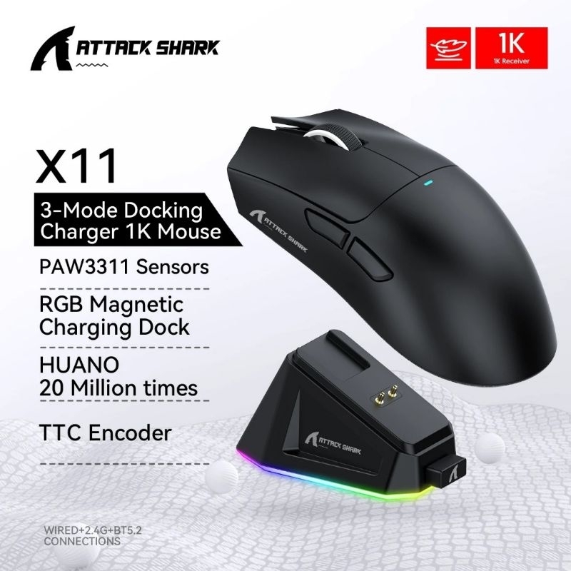 Mouse Gamer X11 Tri-Mod (Attack Shark 22k DPI) RGB Base de Carregamento Dock – Sem Fio