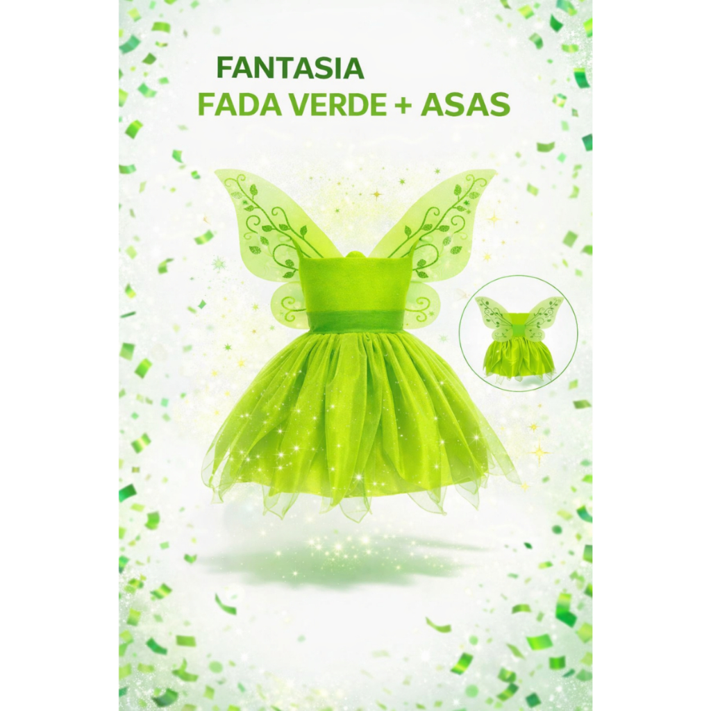 Fantasia TinkerBell Vestido infantil Fada Sininho Para Festa Carnaval Halloween Festa