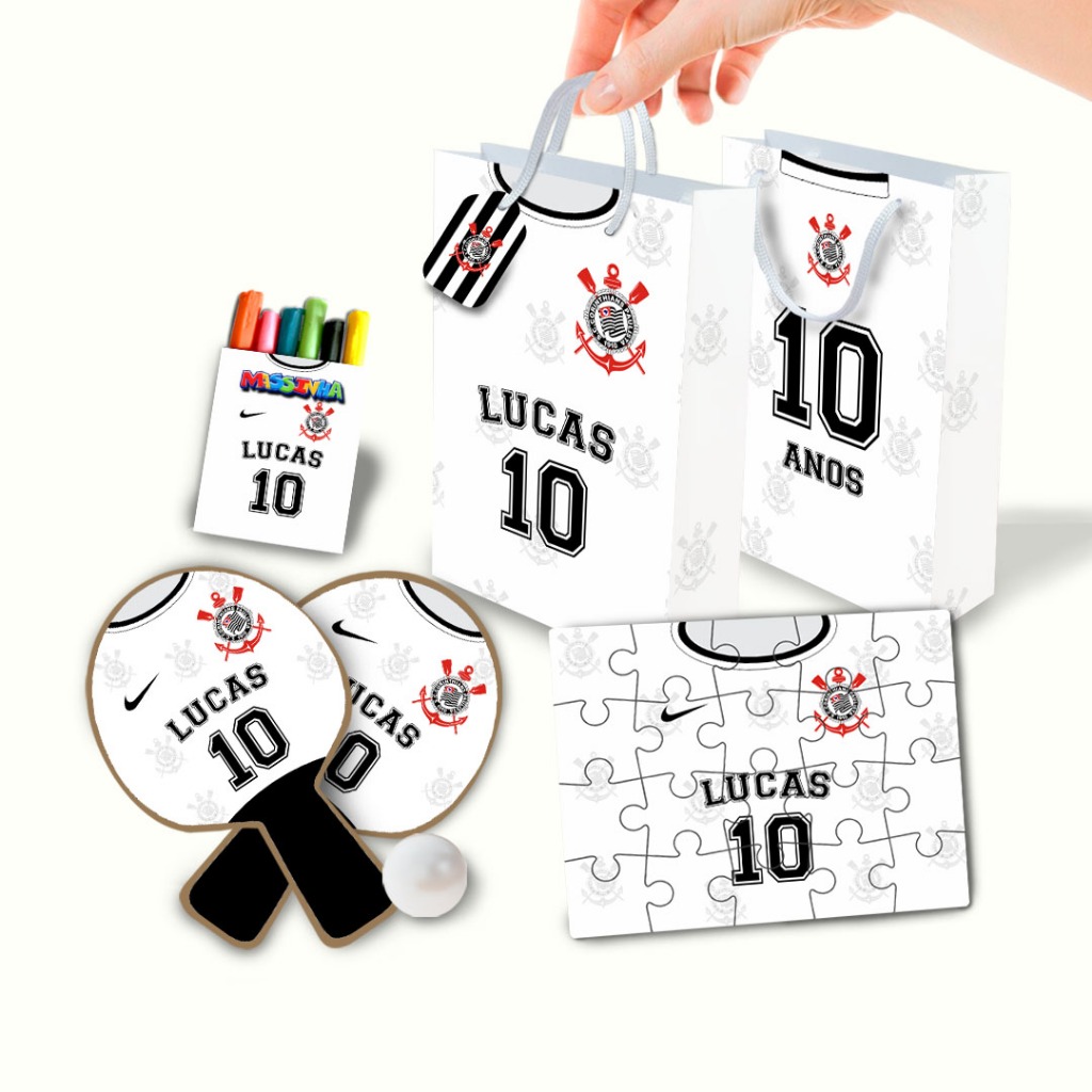Lembrancinha de Aniversário Personalizado Sacolinha, Raquete, Quebra Cabeça, Massinha Corinthians
