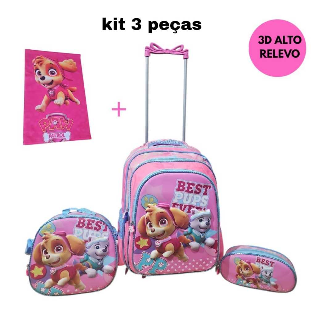 Kit Mochila Infantil Patrulha Canina Menina 3D Alto Relevo Primeira Linha com Carrinho Lancheira Estojo Toalha