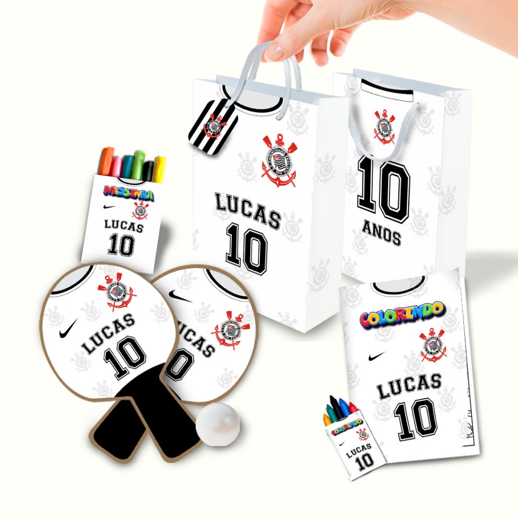 Lembrancinha de Aniversário Personalizado Sacolinha, Raquete, Livrinho, Massinha Corinthians