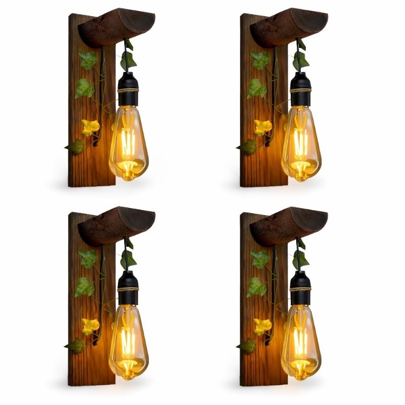 4 Arandela de parede luminária rústica madeira tronco folhagem retrô vintage ambiente aconchegante em Oferta na Shopee