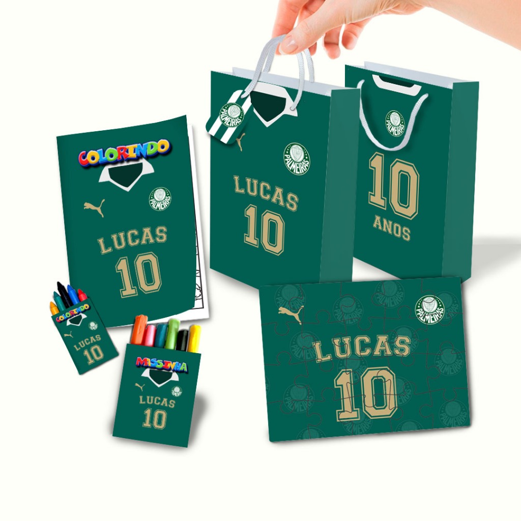 Lembrancinha Kit Sacolinha Personalizado Quebra Cabeça, Livrinho, Massinha Palmeiras Camiseta