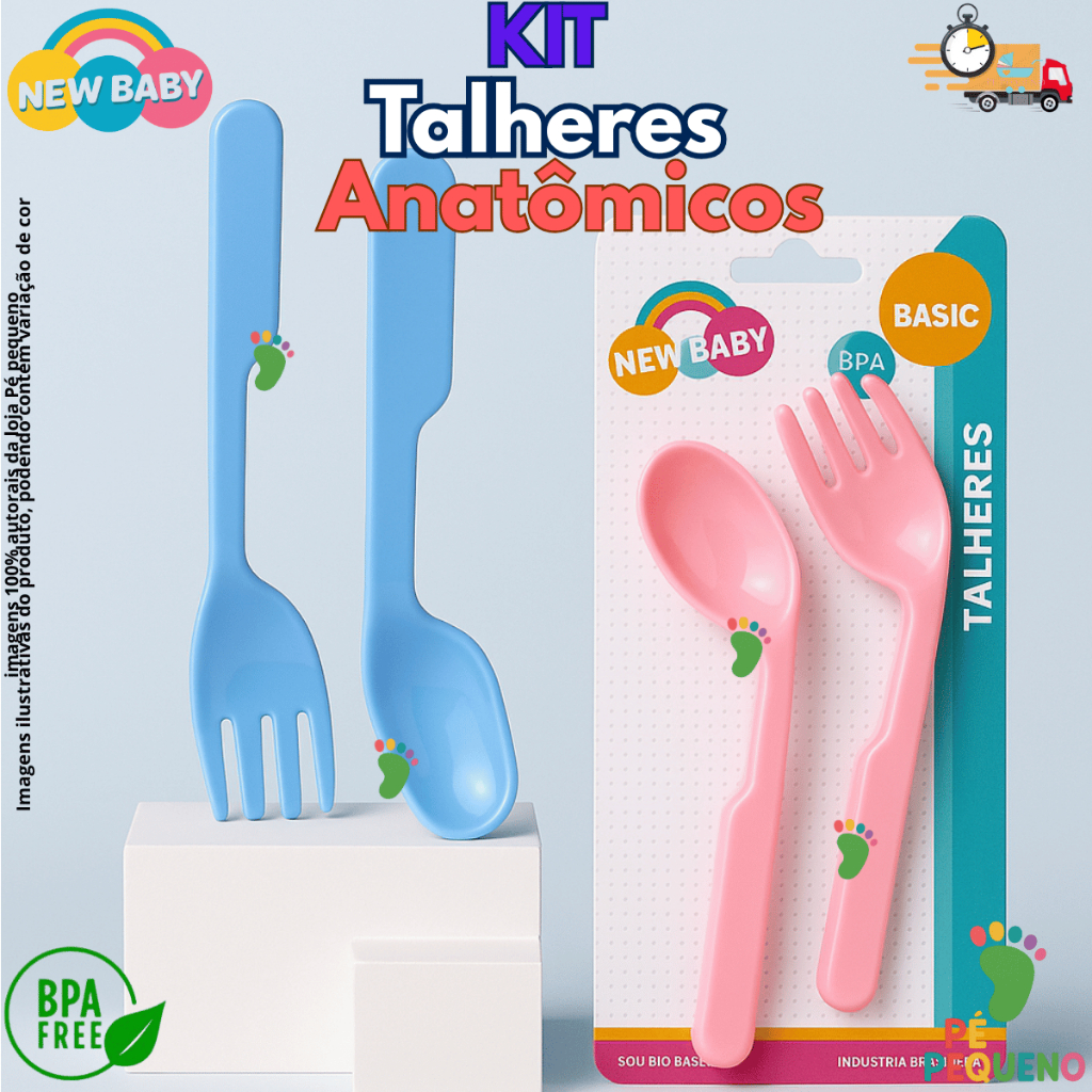 Kit Talheres Infantil Anatômico New Baby Colher e Garfo BPA Free Introdução Alimentar Bebê Menino e Menina Achadinhos