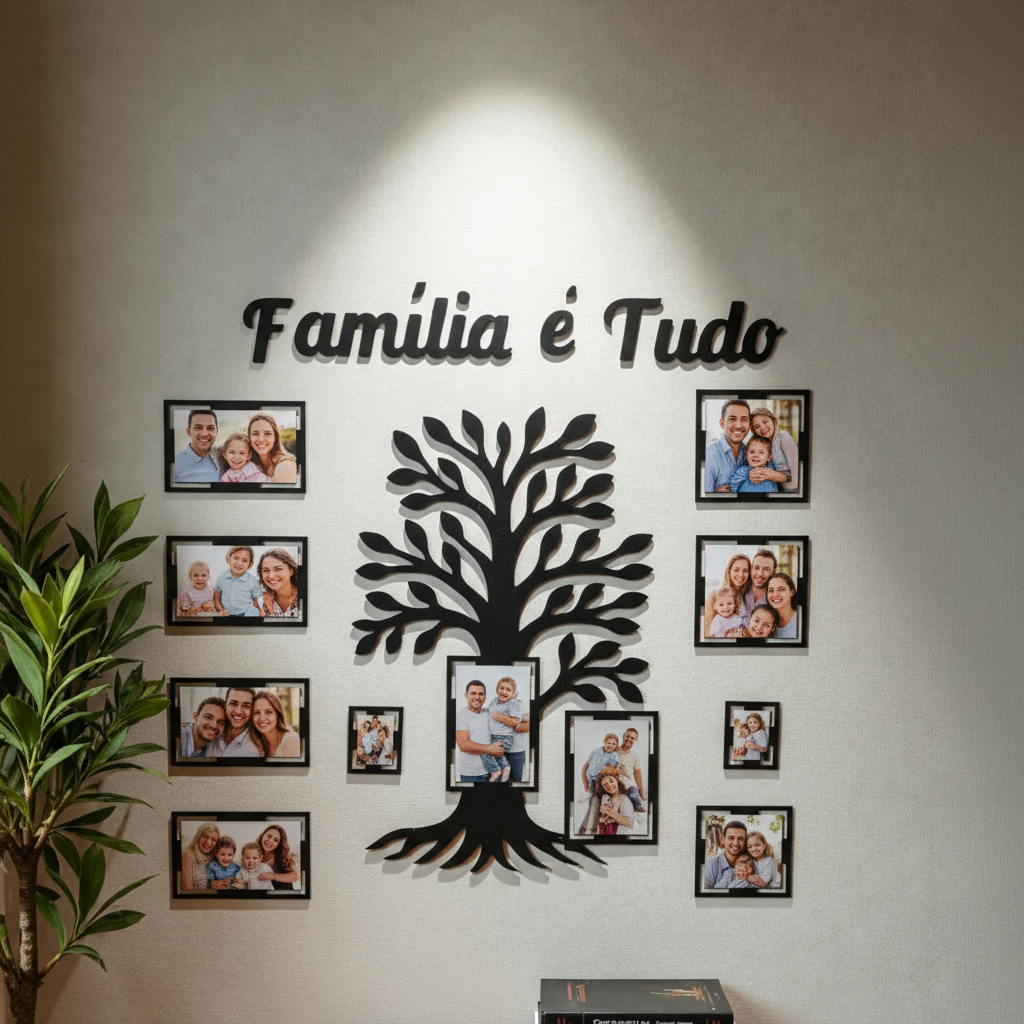 Porta Retrato Árvore da Família em MDF com Molduras Decorativas – Quadro de Parede com Frase Família é Tudo para Fotos