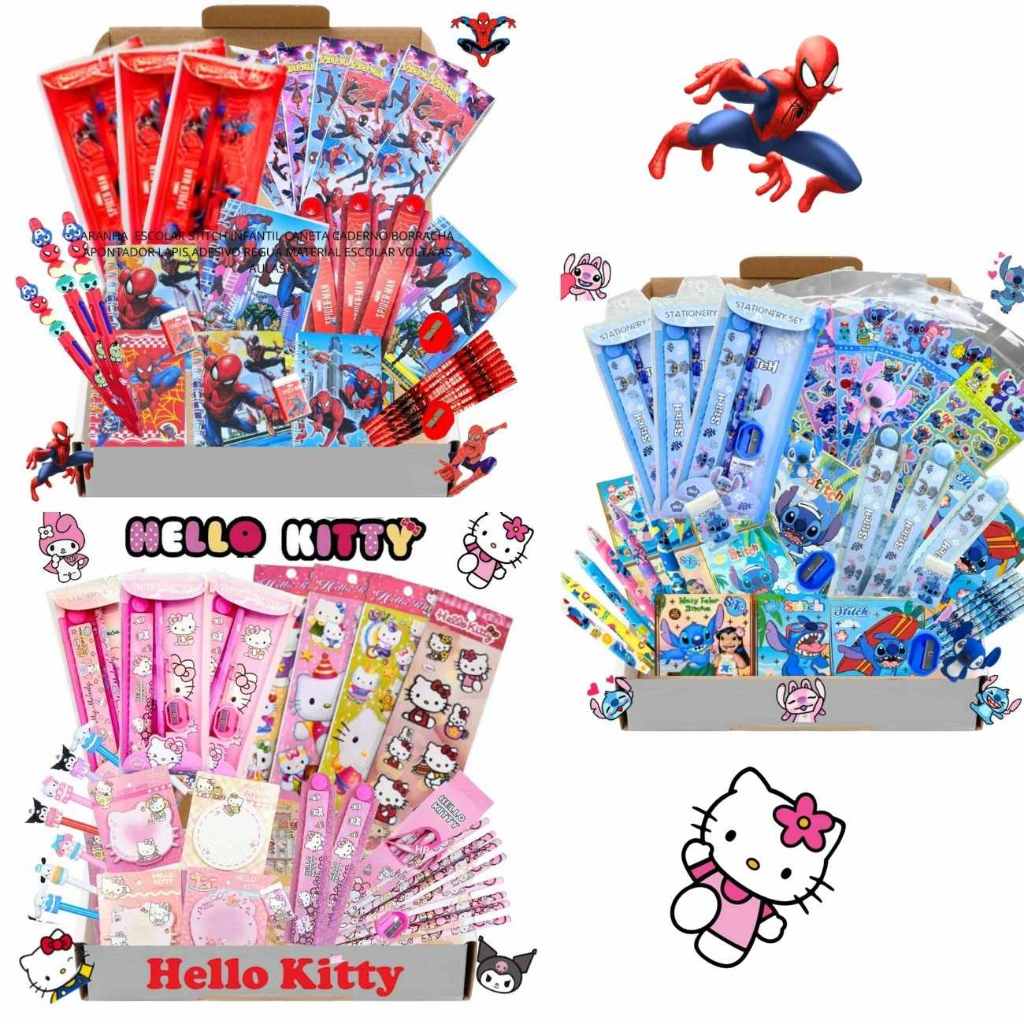 Kit Papelaria Hello Kitty Homem Aranha Stitch Kawaii Estojo Apontador Caneta Régua Borracha Caderno Presente Fofo Escola em Oferta na Shopee