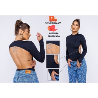 CroquiChic Body Feminino Manga Longa com Costas Abertas Tecido Poliamida Sem Bojo e Costura Reforçada em Oferta na Shopee