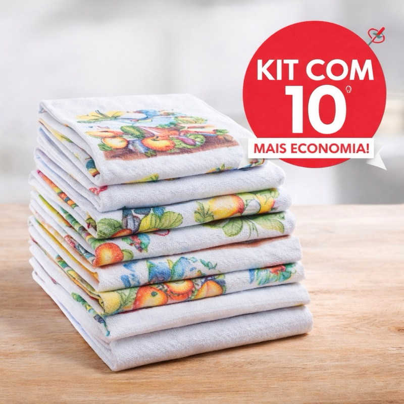 Kit 10 Pano de Prato Estampado Algodão Com Bainha – Ideal para sua Cozinha em Oferta na Shopee