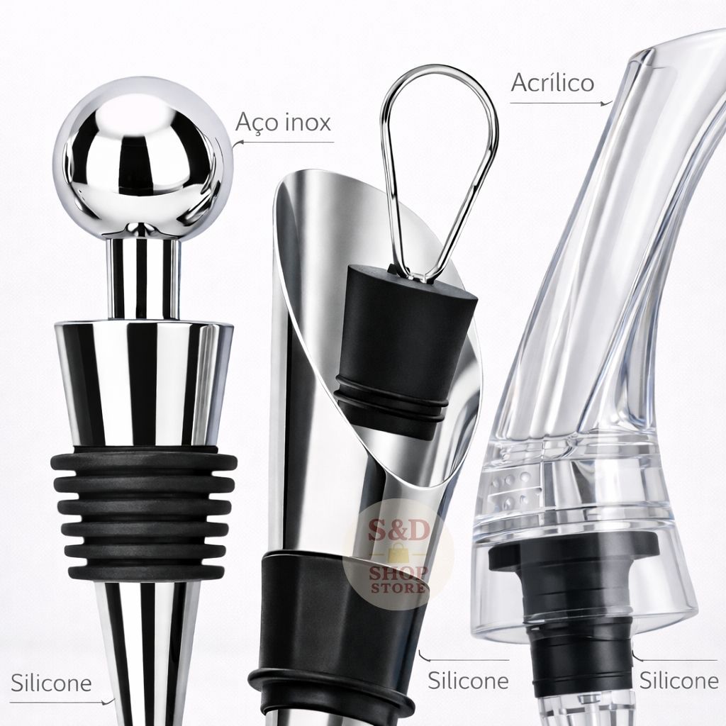 Kit para Vinho 3 Peças Tampa Rolha Bico Dosador Aerador Decantador Garrafa de Vinho