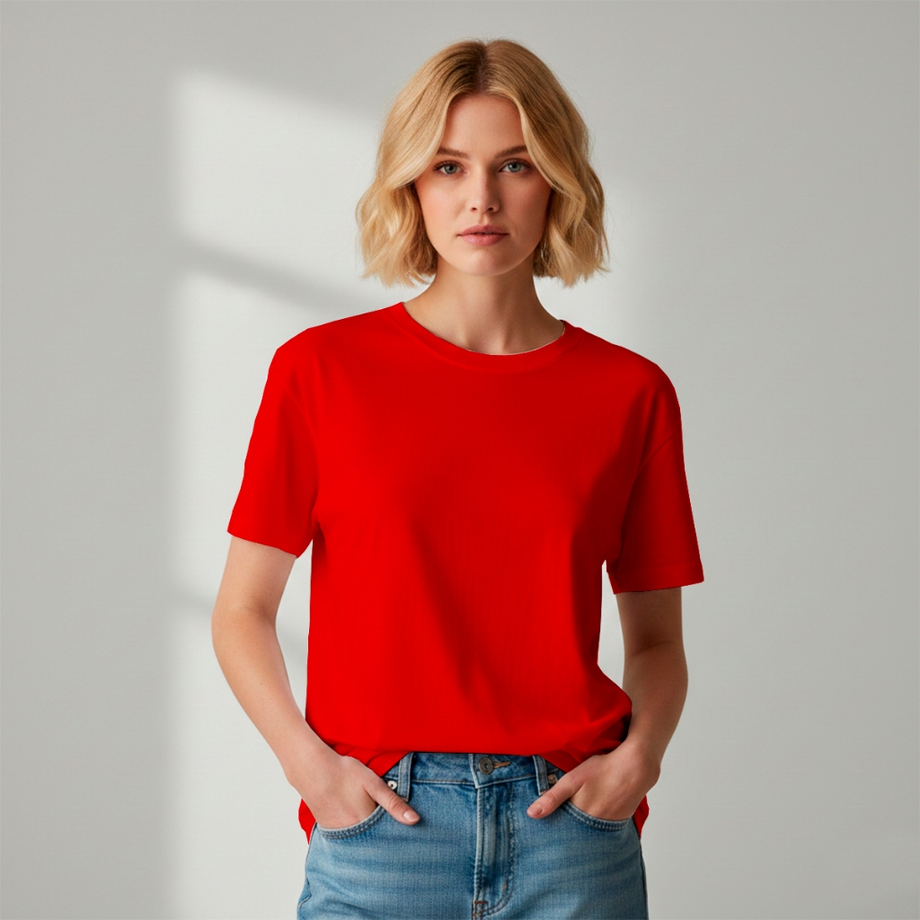 Camisa Camiseta T-Shirt Estilosa e Casual Feminina Vermelha Lisa Gola Redonda Premium 100% Algodão Varias Cores