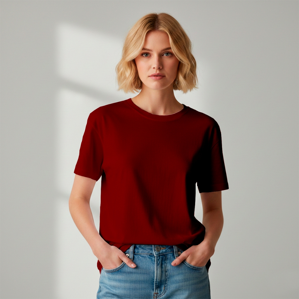Camisa Camiseta T-Shirt Estilosa e Casual Feminina Vermelha Lisa Gola Redonda Premium 100% Algodão Varias Cores — imagem 2 de 2