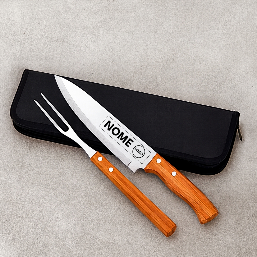 Kit Churrasco Personalizado 2 Peças com Estojo Faca, Garfo e Estojo Presente churrasco