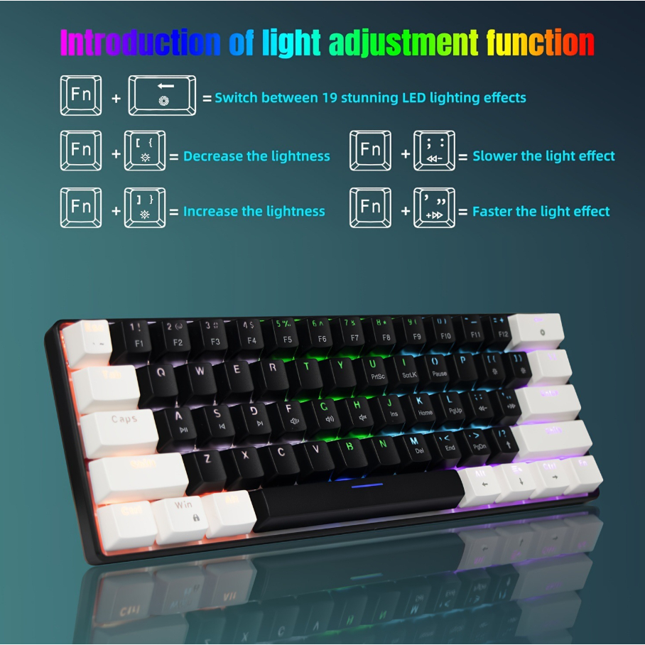 Teclado Gamer Mecânico USB Com Fio 60% RGB Switch Vermelho 61Teclas PC e Notebook AITEK