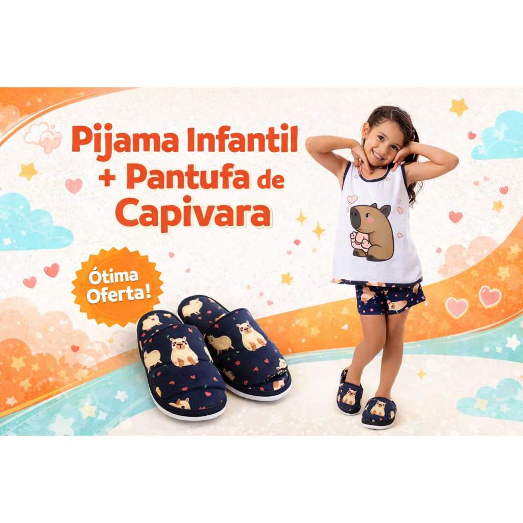 kit 1 short doll regata INFANTIL+ 1 pantufa verao personagens blogueira capivara de dormir pijama feminino INFANTIL