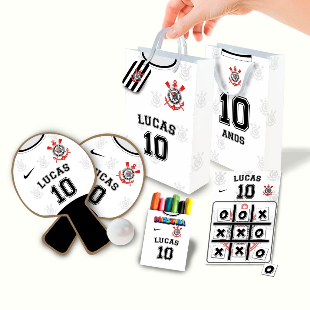 Lembrancinha de Aniversário Personalizado Sacolinha, Raquete, Jogo da Velha, Massinha Corinthians