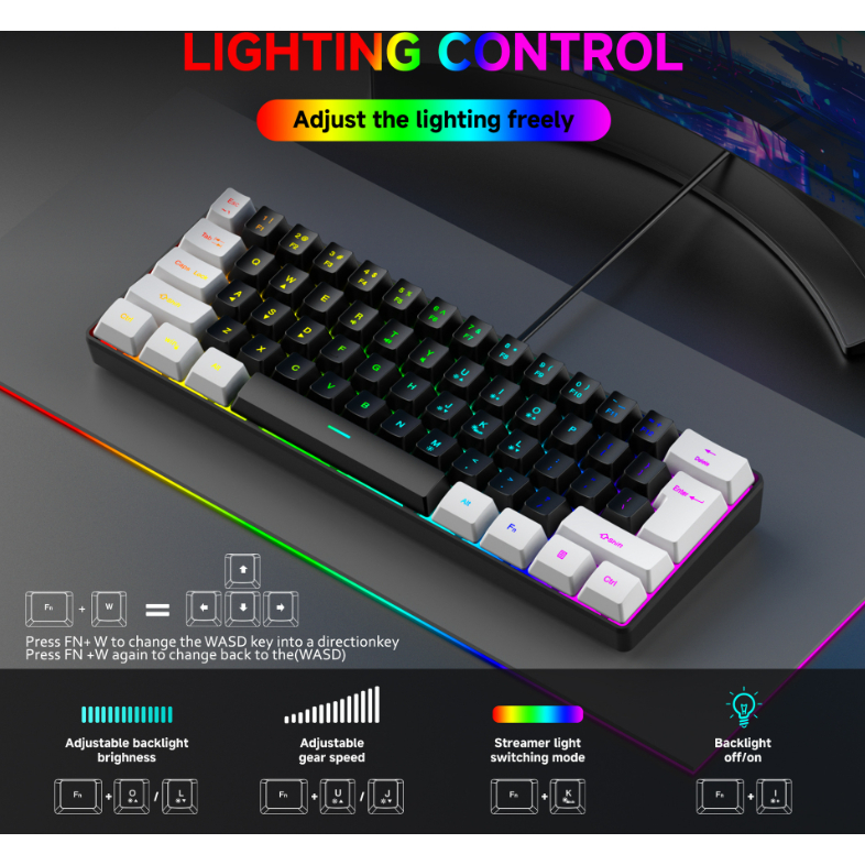 Teclado Gamer Mecânico USB Com Fio 60% RGB Switch Vermelho 61Teclas PC e Notebook AITEK