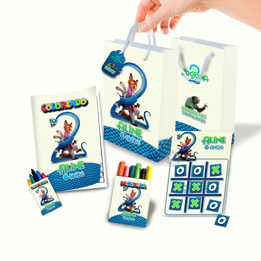Lembrancinha de Aniversário Personalizado Sacolinha, Livrinho, Jogo da Velha, Massinha Zootopia 2