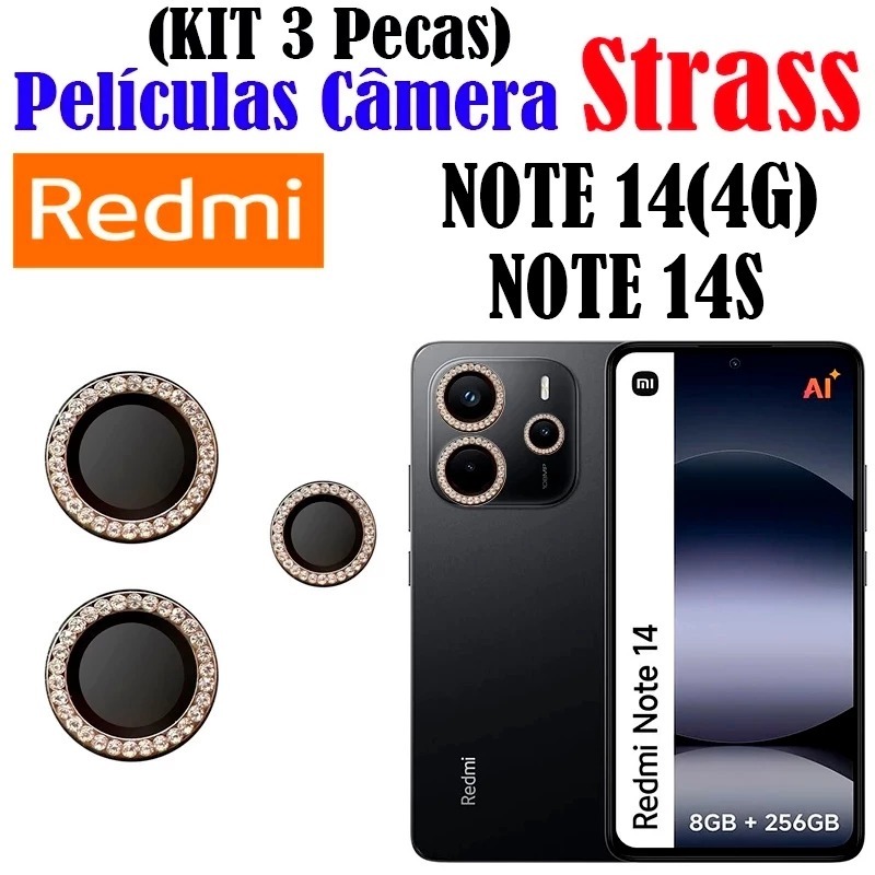 Kit (3 PCs )Películas Câmera Strass NOTE 14(4G)/NOTE 14S REDMI Protetor Lente Diamante Colorido..