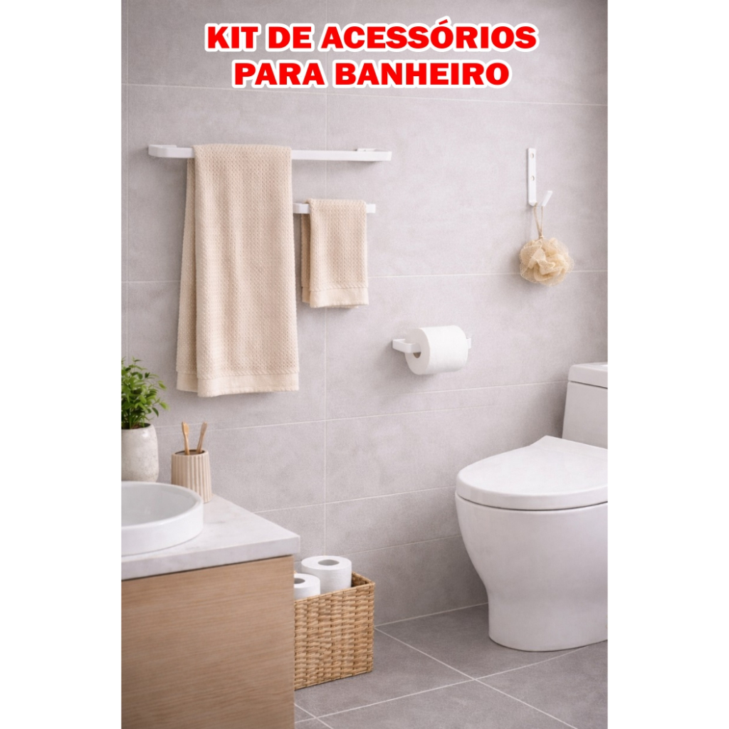 Kit para Banheiro Porta Toalha De Banho Toalha De Rosto Porta Papel Higiênico e Gancho BRANCO