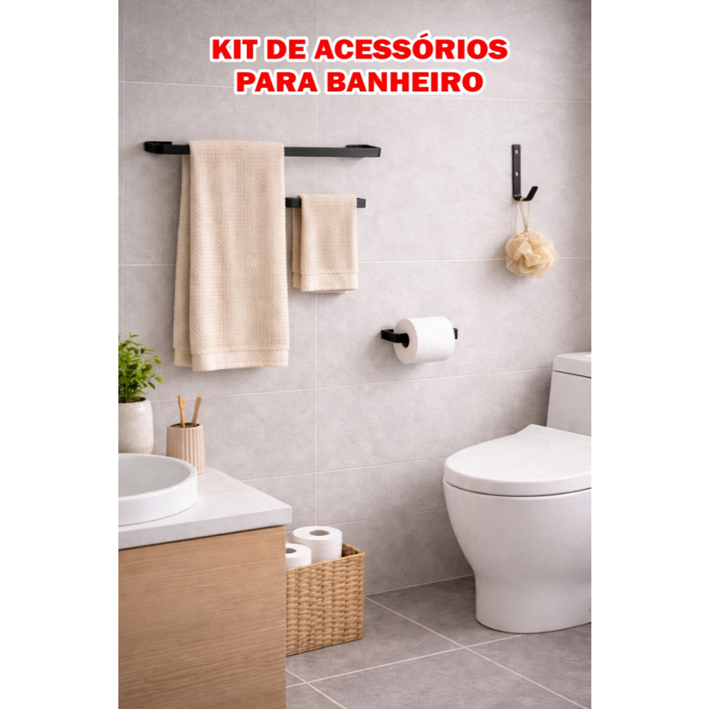 Kit para Banheiro Porta Toalha De Banho Toalha De Rosto Porta Papel Higiênico e Gancho Multi uso