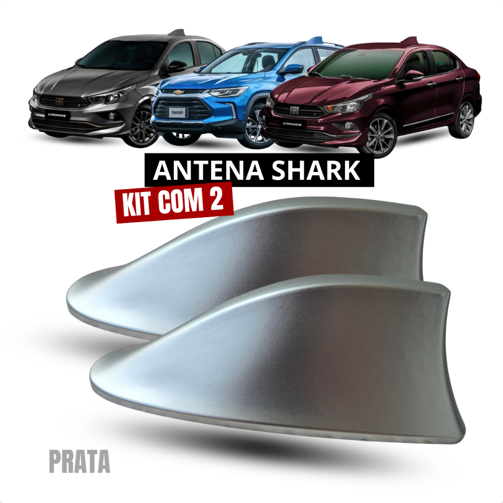 KIT 2 Antena Shark Automotiva PRATA 6,0dB Teto Carro Universal Design Esportivo Elegante Rádio AM/FM