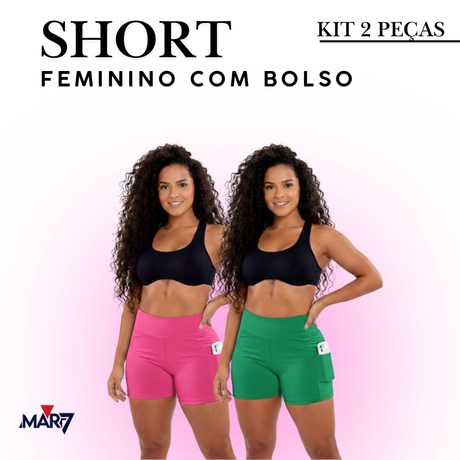Short Suplex Feminino com Bolso Lateral para Celular KIT 2 Peças