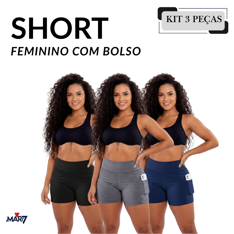 Short Legging Feminina Fitness com Bolso Prático para Academia KIT 03