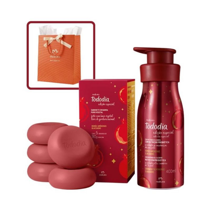 KIT NATURA TODO DIA ROMÃ COM AMÊNDOAS GLACEADAS – HIDRATANTE + CAIXA COM SABONETES + EMBALAGEM